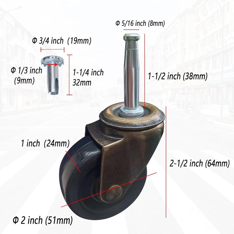 BAISASY 2.0 Inch Antique Caster Wheels, Furniture Caster 5/16 Inch x 1-1/2 Inch (8 x 38mm) for Furniture Sofa Chair Cabinet Set of 4 - Image 2